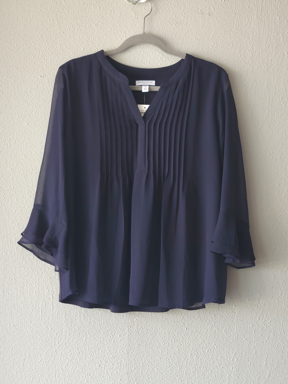 Charter Club Navy Chiffon Pintuck Blouse PETITE SIZE PXL